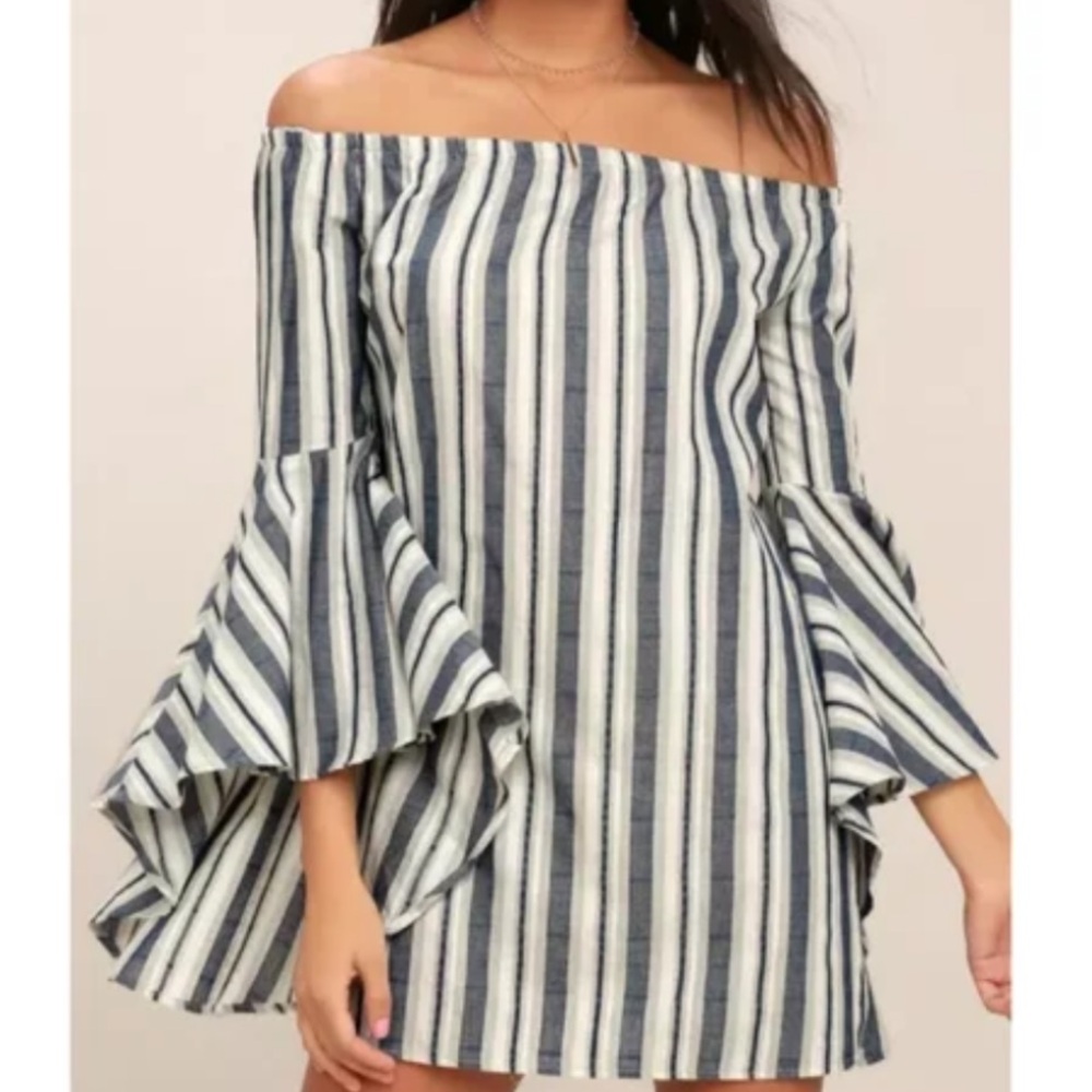 Lulu's Along the Tides Navy Blue Striped Off the Shoulder Boho Dress